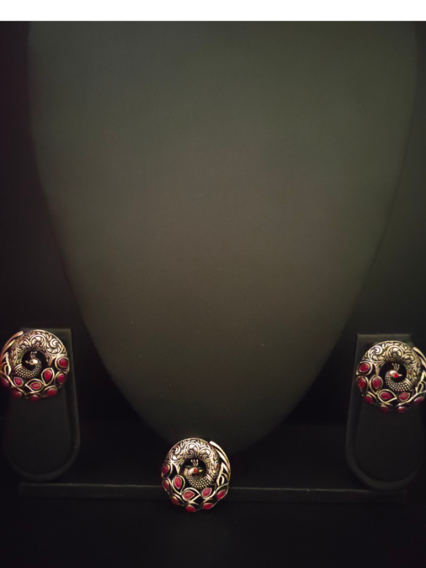 Set of 3 - Peacock Earrings and Ring with Red Stones