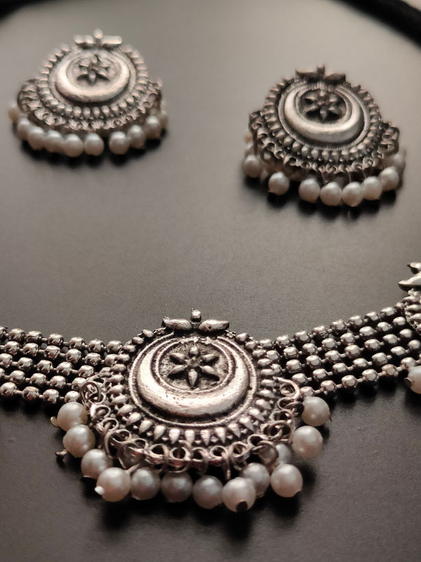 Oxidised Silver Choker Necklace Set (with White Beads)
