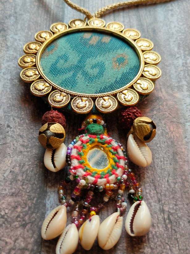 Handcrafted Fabric Necklace Set with Shells and Rudraksha