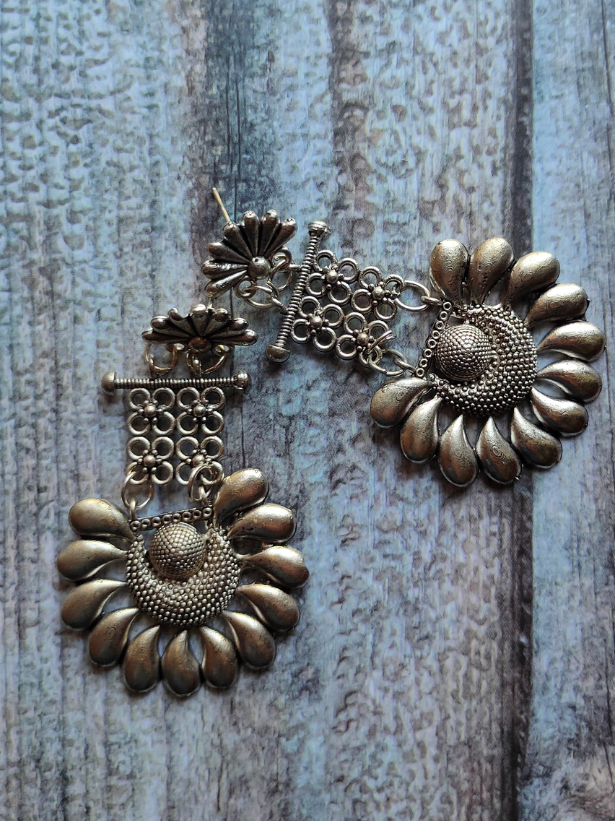 Oxidised Silver Long Mesh Flower Shaped Earrings