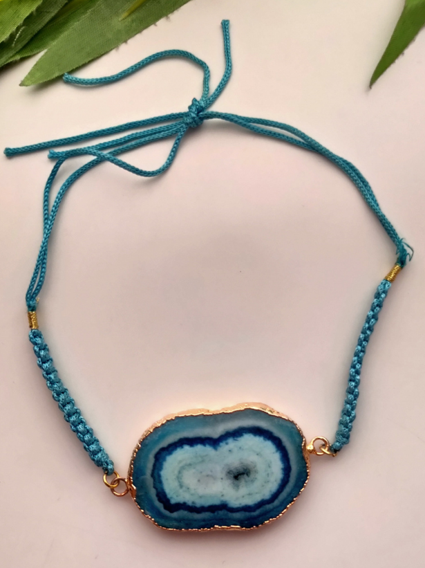 Natural Turquoise Agate Stone Marble Rakhi with Gold Detailing