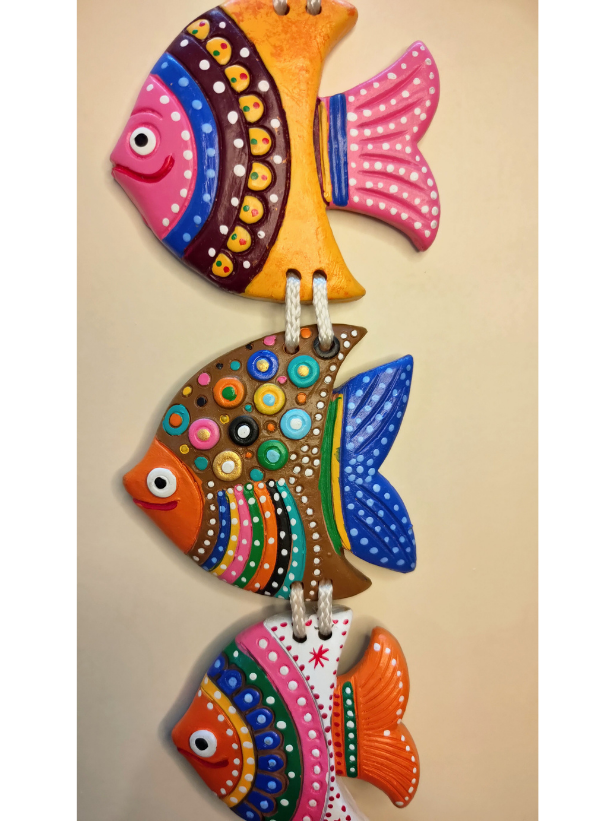 Handmade and Hand-Painted 4 Floral Fishes Terracotta Wall Hanging