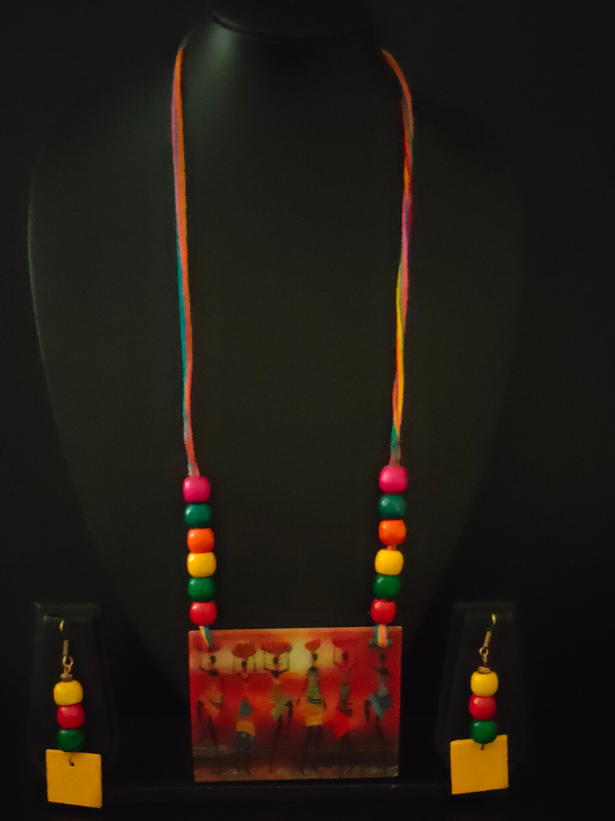 Tribal Motifs Printed Pure Marble Necklace Set with Wooden Beads & Multi-Color Threads
