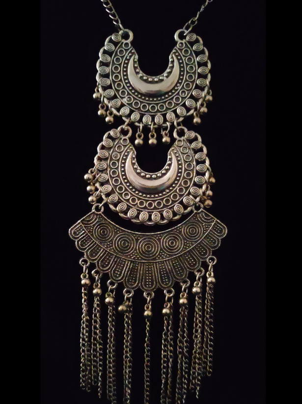 Long Chain Oxidised Silver Tribal Necklace Set