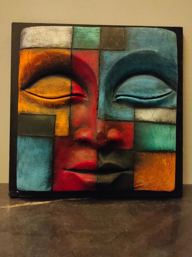 Handcrafted Terracotta Clay Buddha Face on a Wooden Frame Wall Decor