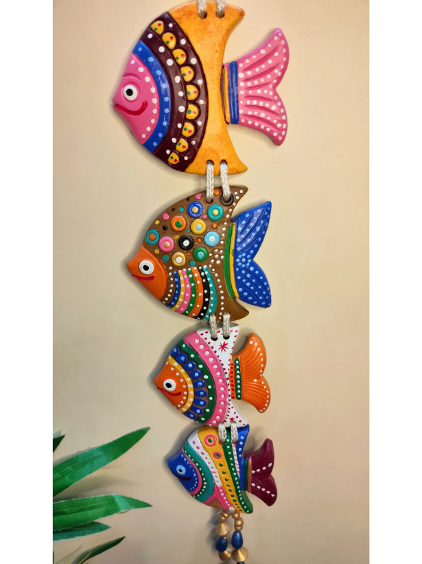 Handmade and Hand-Painted 4 Floral Fishes Terracotta Wall Hanging