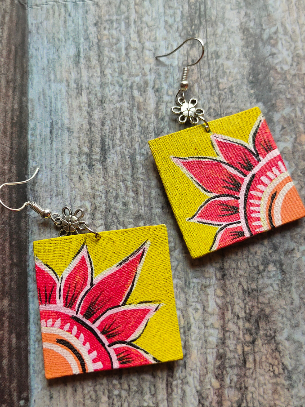 Yellow & Pink Braided Fabric Threads Necklace Set with Hand-Painted Earrings