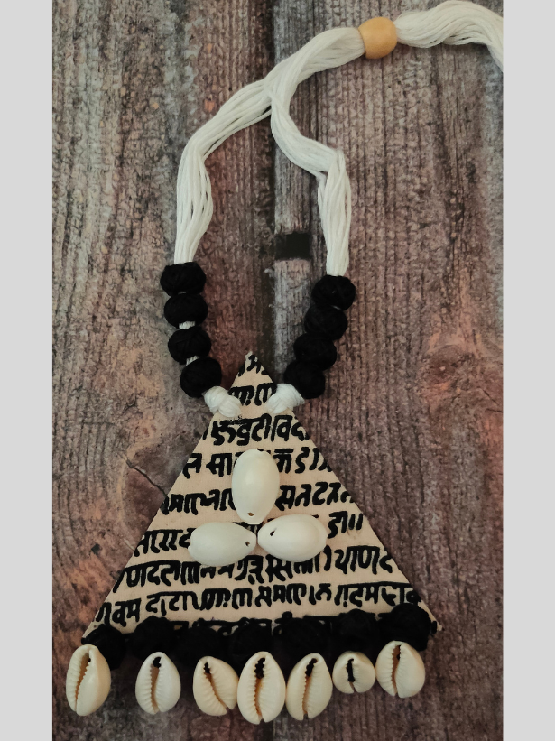 Mantra Printed Fabric and Shell Work Necklace Set with Thread Closure