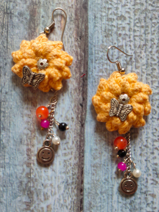 Yellow Hand Knitted Crochet Dangler Earrings with Metal Charms