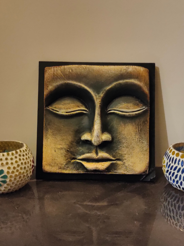 Handcrafted Terracotta Clay Buddha Face on a Wooden Frame Wall Decor