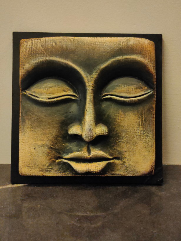 Handcrafted Terracotta Clay Buddha Face on a Wooden Frame Wall Decor