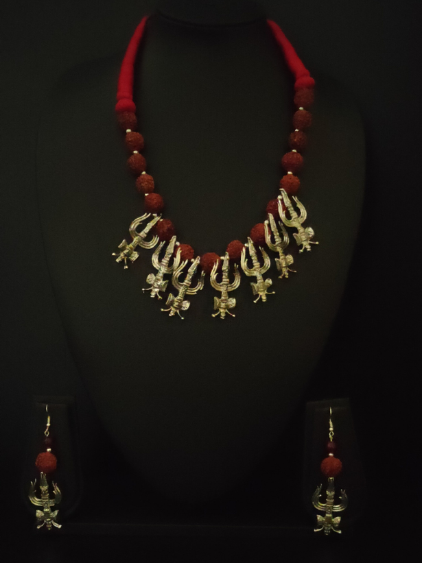 Rudraksha Beads Trishul Necklace Set with Thread Closure