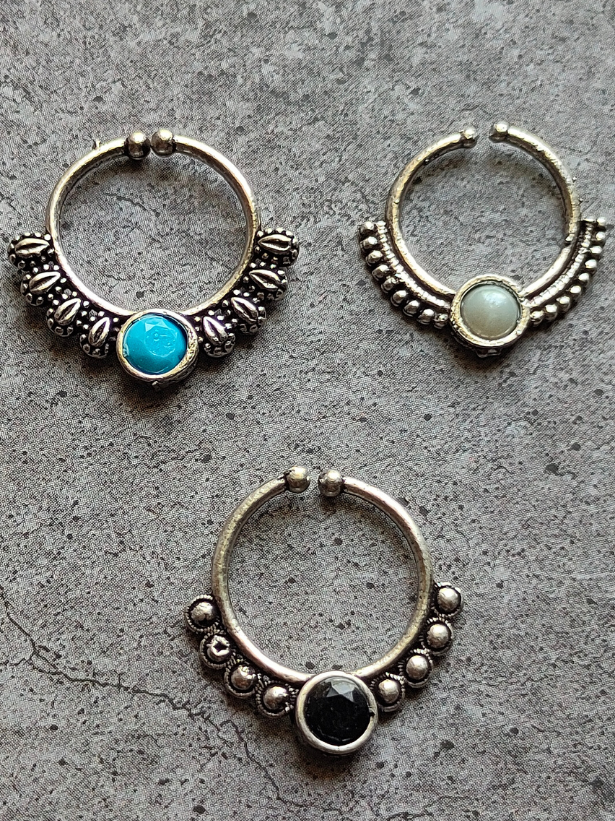 Three Oxidised Silver Stone Studded German Silver Septum Nosepins