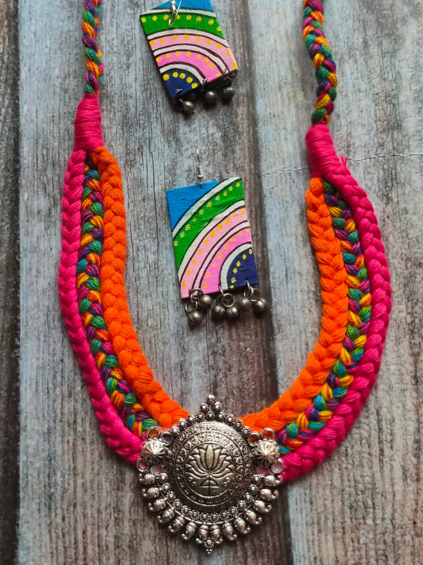 Red & Pink Braided Fabric Threads Necklace Set with Hand-Painted Earrings