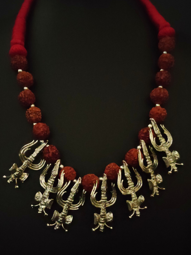 Rudraksha Beads Trishul Necklace Set with Thread Closure