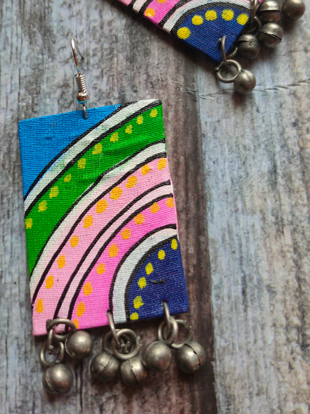 Red & Pink Braided Fabric Threads Necklace Set with Hand-Painted Earrings