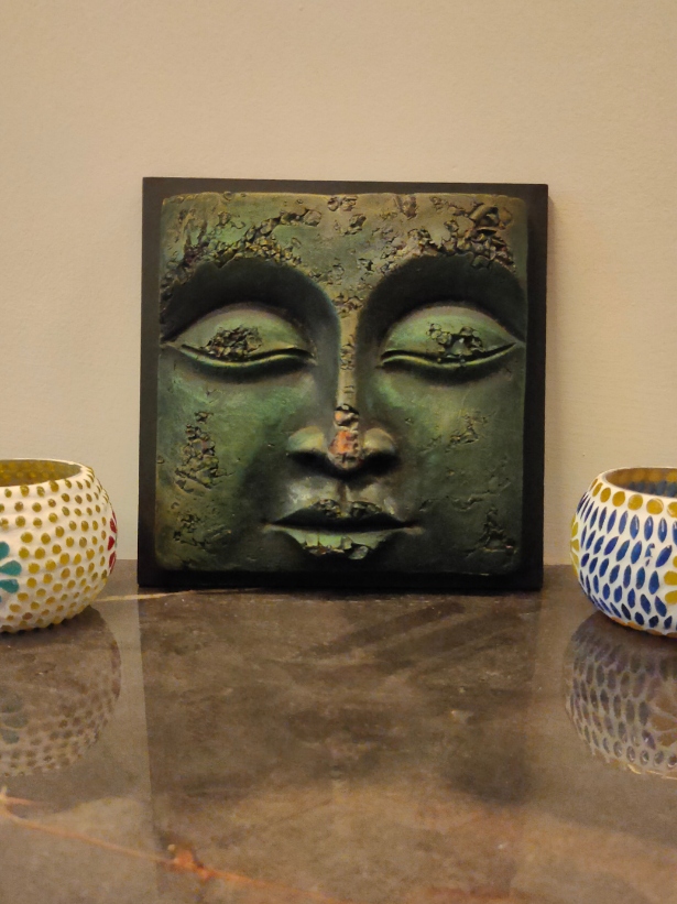 Handcrafted Terracotta Clay Buddha Face on a Wooden Frame Wall Decor