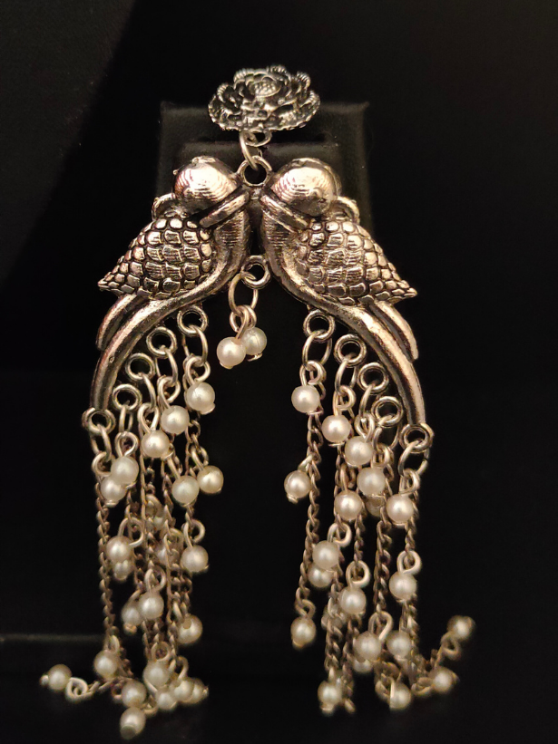 Intricately Crafted Long Peacock Earrings with White Beads