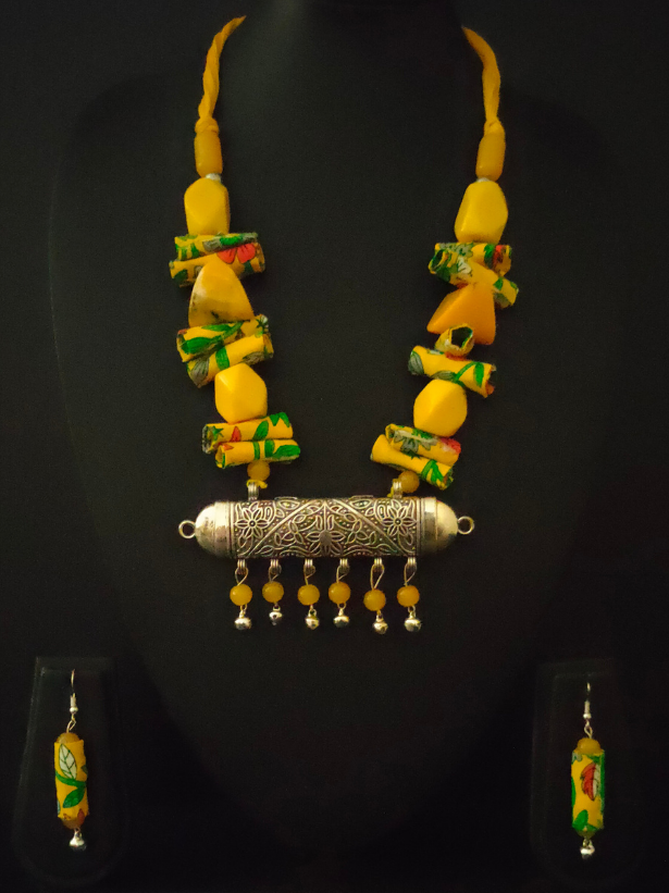 Statement Yellow Necklace Set with Tibetan Stones, Fabric and Ghungroos
