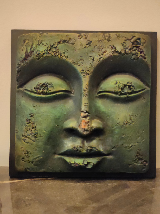 Handcrafted Terracotta Clay Buddha Face on a Wooden Frame Wall Decor
