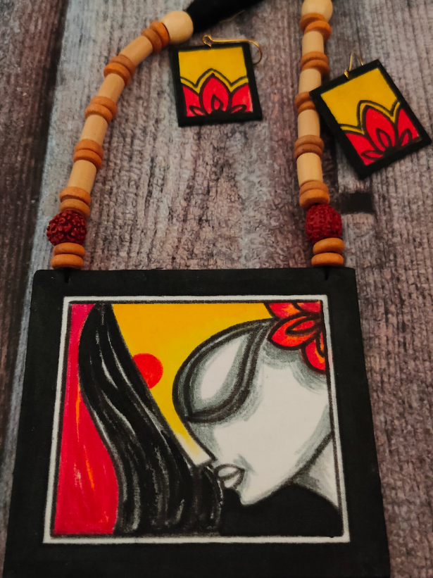 Hand Painted Fabric Woman Face Necklace Set