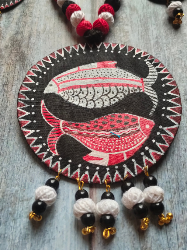 Hand Painted Fishes Fabric Necklace Set with Thread Closure