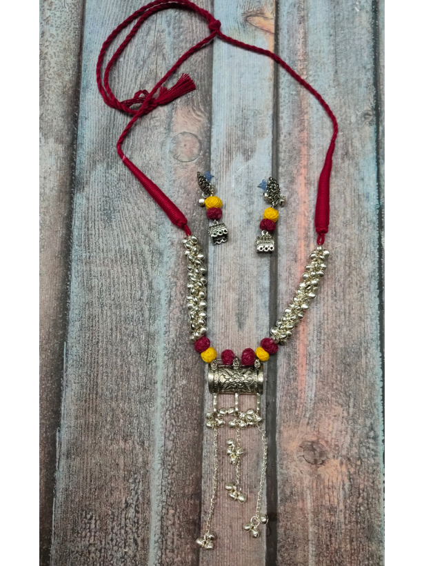 Fabric Beads and Metal Necklace Set with Dangler Earrings