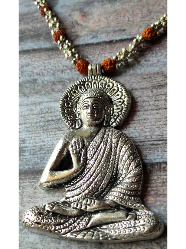 Buddha Silver Rudraksha Beads and Metal Beads Necklace