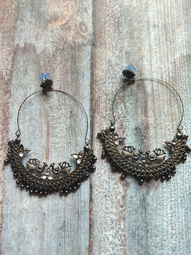 Peacock Detailing Chandbali with White Rhinestones