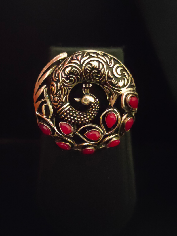 Set of 3 - Peacock Earrings and Ring with Red Stones