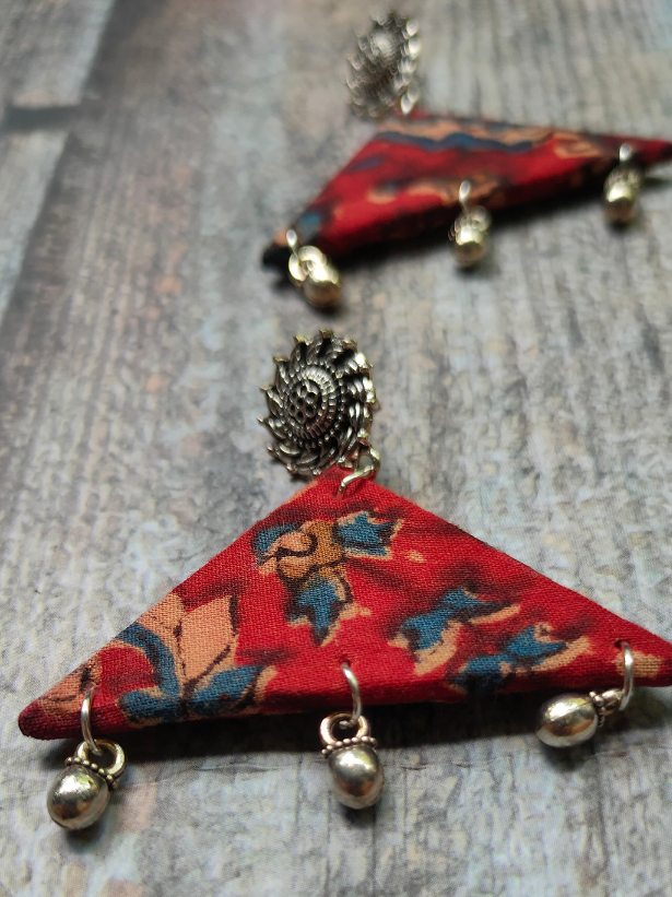 Kalamkari Fabric Earrings with Metal Charms