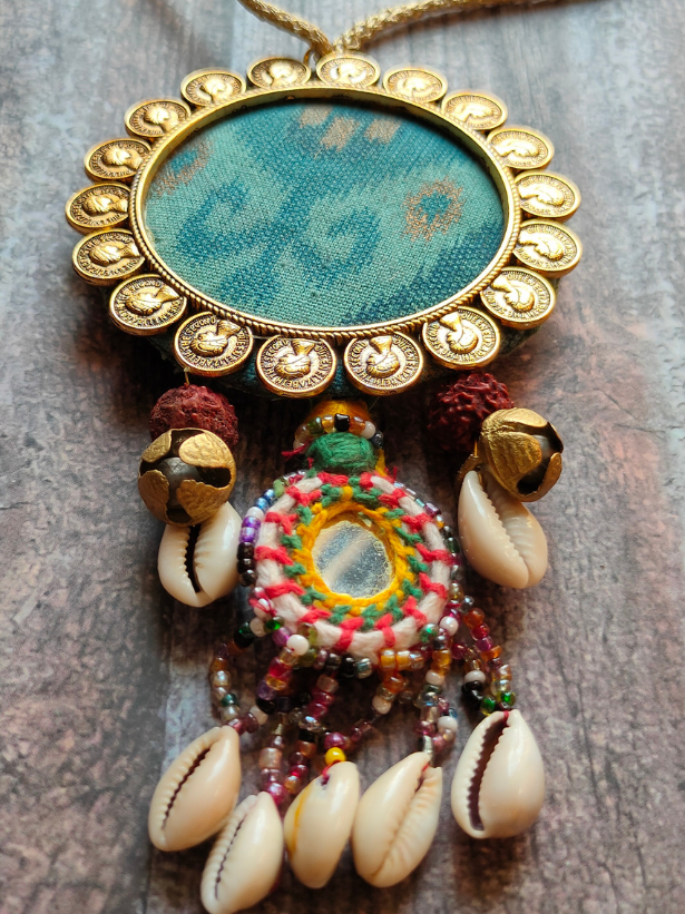 Handcrafted Fabric Necklace Set with Shells and Rudraksha