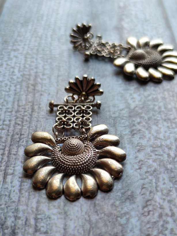 Oxidised Silver Long Mesh Flower Shaped Earrings