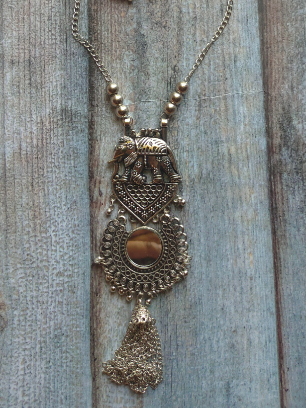 Long Chain Elephant Motif Mirror Work Oxidised Silver Necklace Set