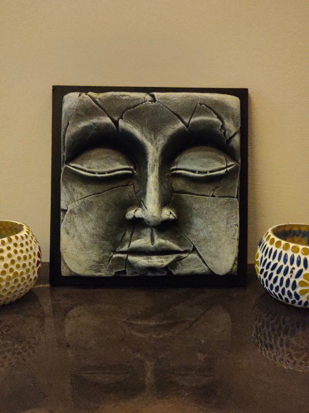 Handcrafted Terracotta Clay Buddha Face on a Wooden Frame Wall Decor