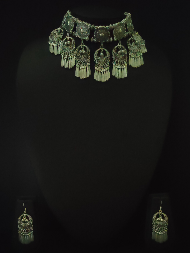 Oxidised Silver Choker Necklace Set with Dangler Chains