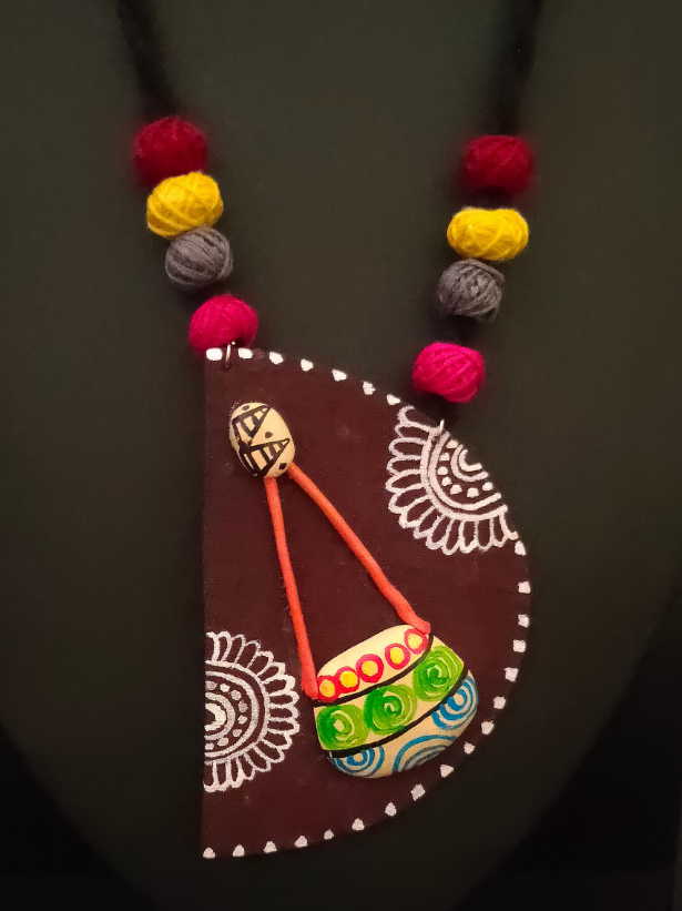 Hand-Painted Fabric and Clay Necklace Set with Fabric Beads