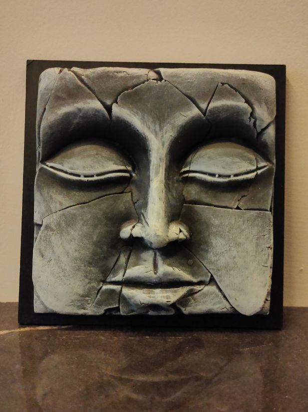 Handcrafted Terracotta Clay Buddha Face on a Wooden Frame Wall Decor