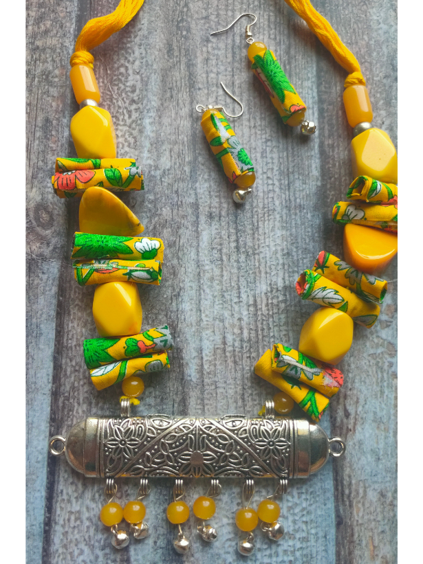 Statement Yellow Necklace Set with Tibetan Stones, Fabric and Ghungroos