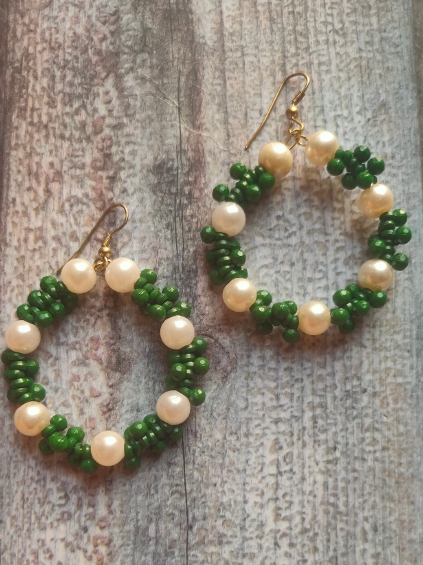 Beads and Pearls Christmas Hoop Earrings