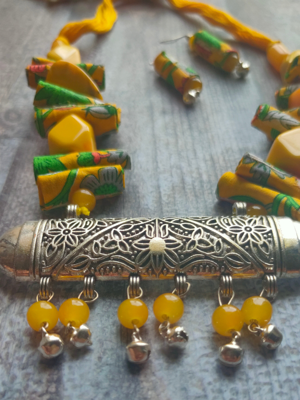 Statement Yellow Necklace Set with Tibetan Stones, Fabric and Ghungroos