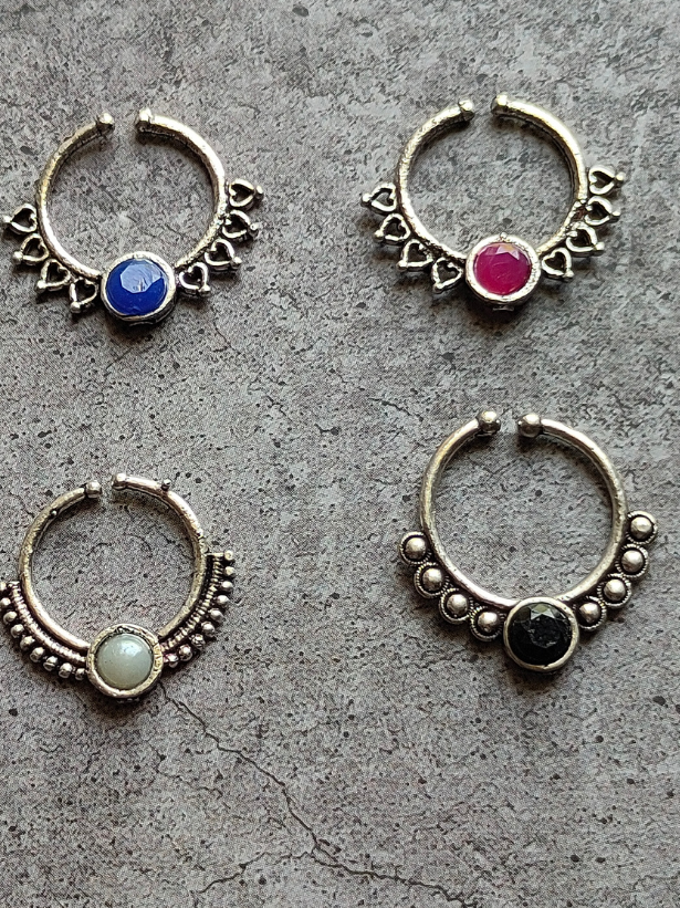 Four Stone Studded Oxidised Silver Septum Nosepins