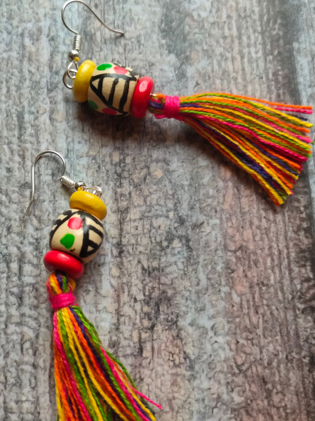 Hand-Painted Fabric and Clay Necklace Set with Fabric Beads