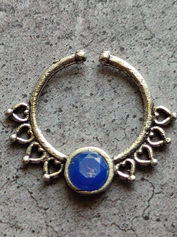 Four Stone Studded Oxidised Silver Septum Nosepins