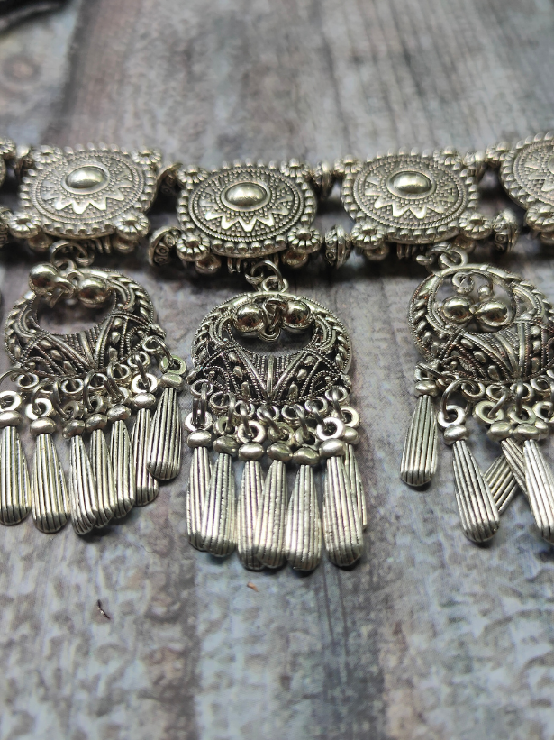 Oxidised Silver Choker Necklace Set with Dangler Chains