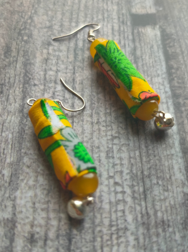 Statement Yellow Necklace Set with Tibetan Stones, Fabric and Ghungroos