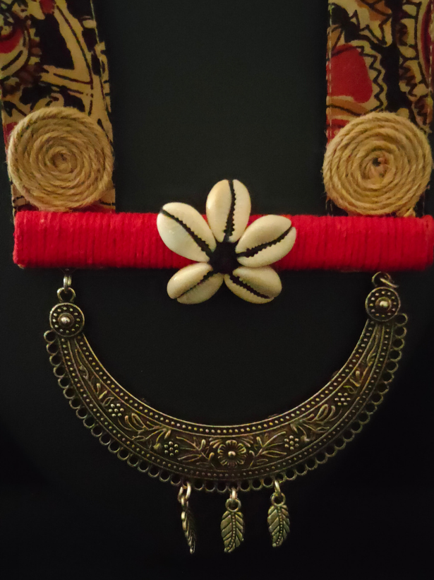 Kalamkari Fabric, Jute and Shells Statement Long Necklace Set