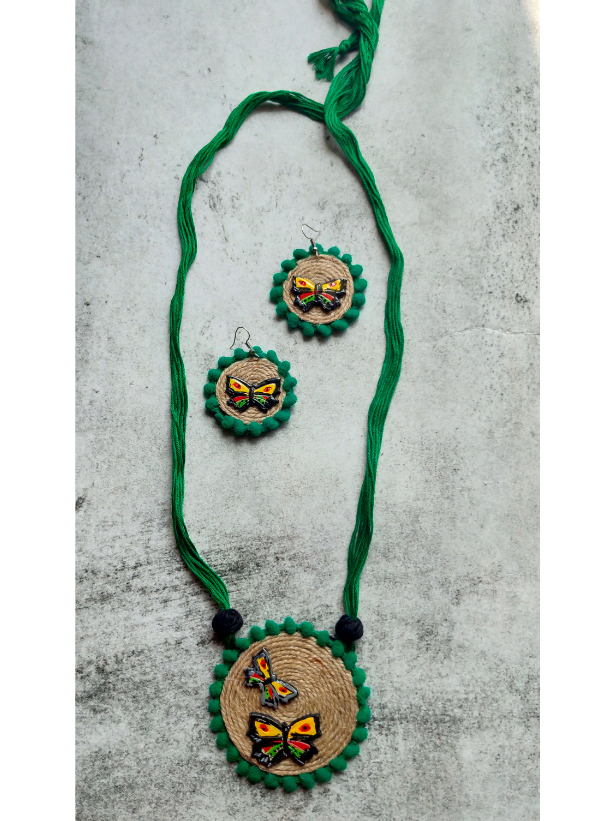 Jute and Fabric Necklace Set with Hand Painted Wooden Butterflies Pendant