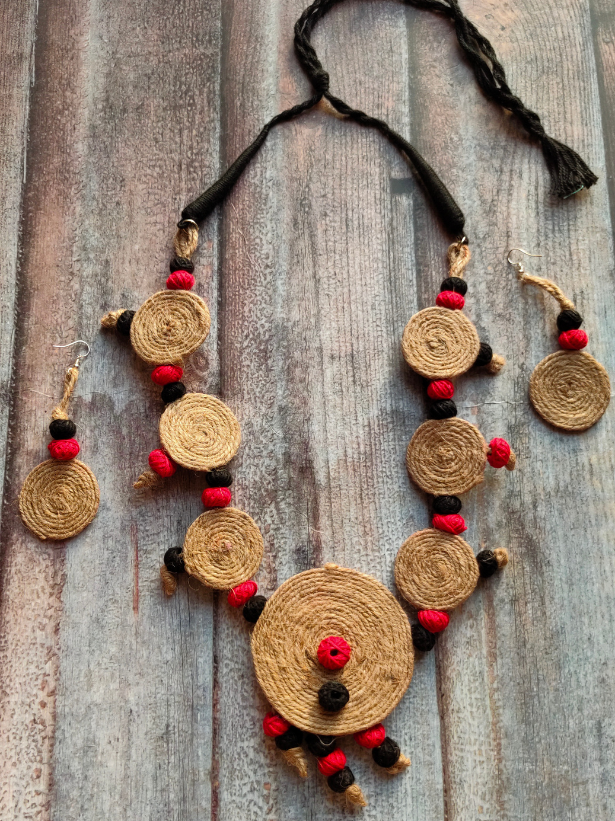 Handcrafted Jute and Fabric Beads Necklace Set with Dangler Earrings