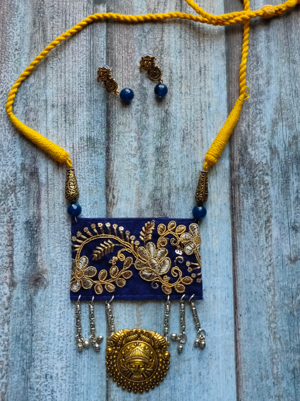 Zari Work Velvet Fabric Necklace Set with Padma Metal Pendant with Thread Closure